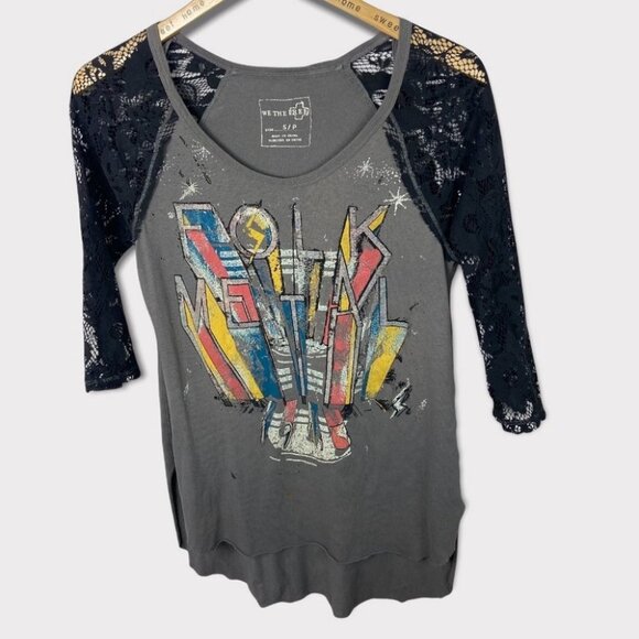 Revolve Free People Renegade Raglan Tee Metal Folk Size Small Lace Bohemian Top - Picture 3 of 16